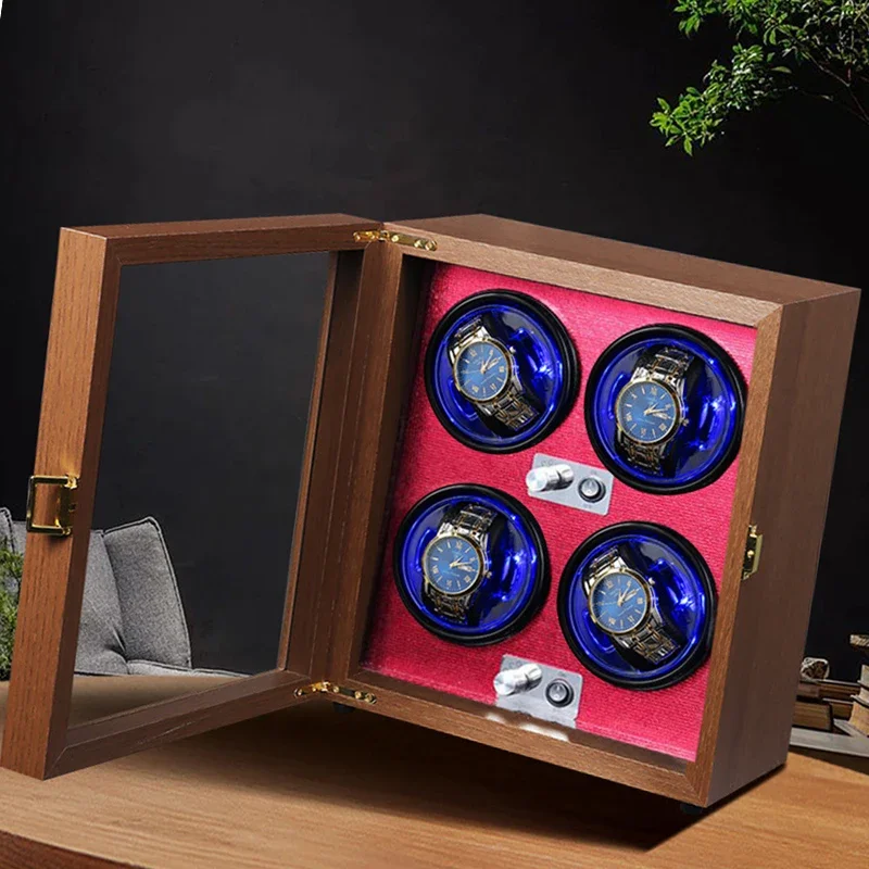 Luxury Wood Watch Winder2/4 Slots Automatic Watche Box Mute Motor Watch Cabinet Clock Storage LED Jewelry Store Display Box Gift