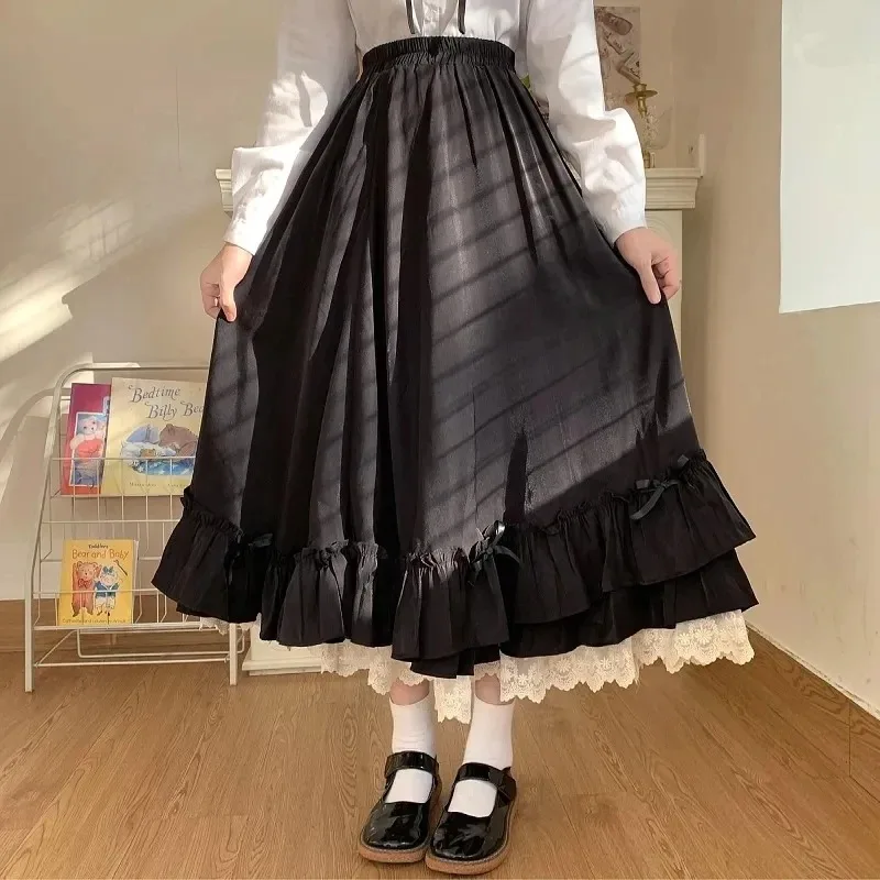 Saia monocromática de dupla camada com babados para mulheres, francesa e vintage, estilo Hepburn, preto e branco, saias longas femininas, meia saia japonesa