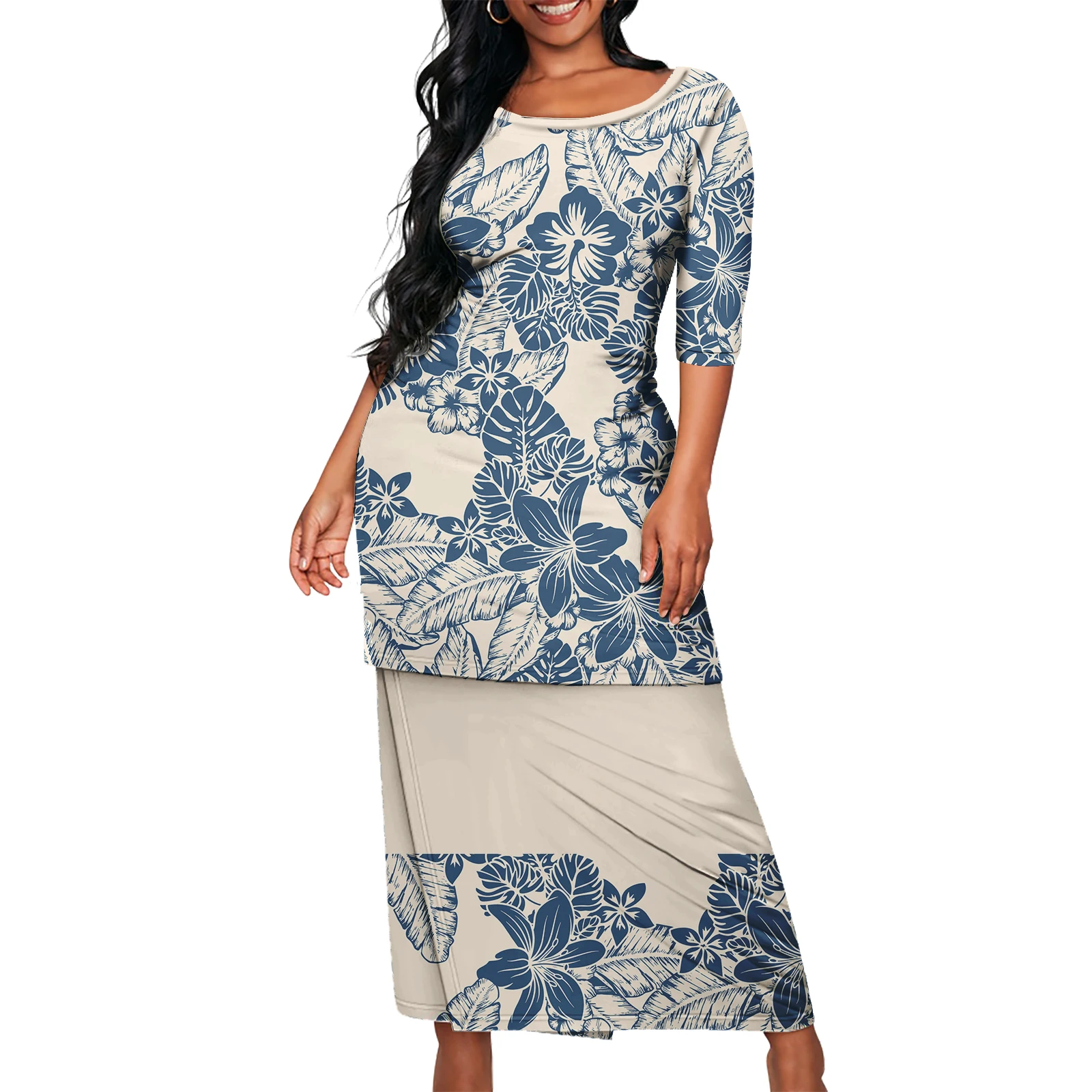 Plus Size Puletasi for Women Print on Demand Polynesian Style Short Sleeve Dress Island Two Piece Set Skirt Female Dress