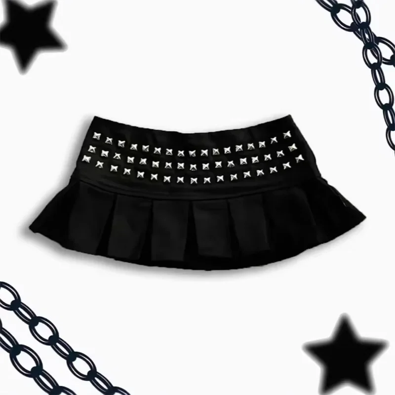 Summer Fashion Street Wear Women's Gothic Punk Cross Nail Fold Mini Skirt High Waist Short Skirt Black Zipper Skirt New