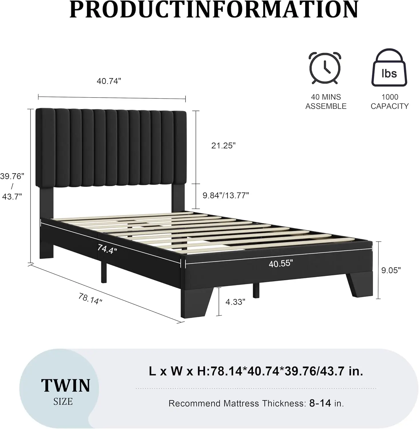 Twin Size Bed Frame, Velvet Upholstered Platform Bed with Adjustable Tufted Headboard, Sturdy Frame and Slats, Noiseless, No Box