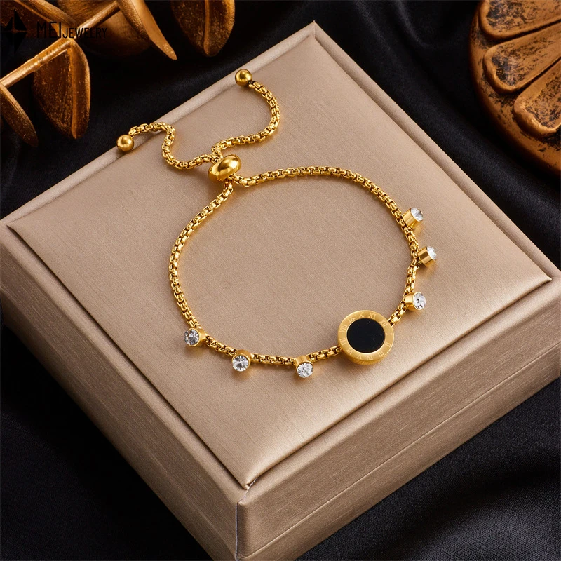 

Fashion Creative Versatile Niche Roman Round Brand Cubic Zirconia Studded Chain Stainless Steel Pull-Out Bracelet