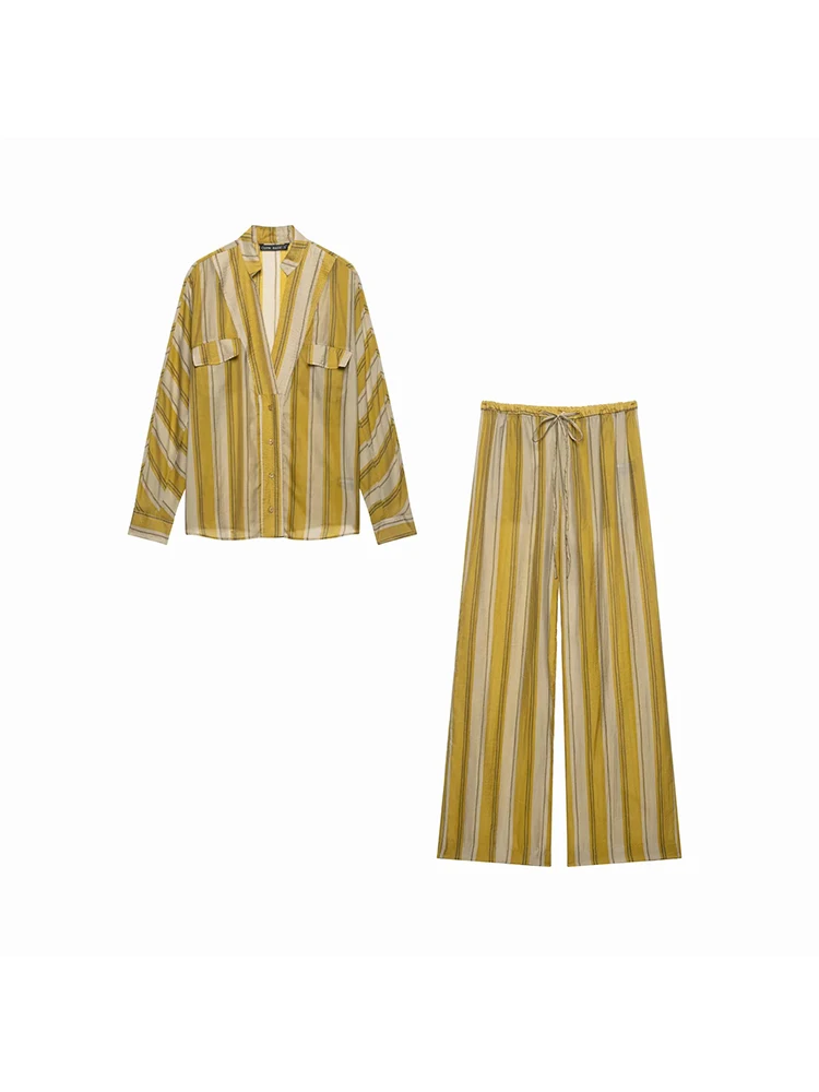 Women Casual Striped Loose Shirt Trouser Suits Women Full Sleeve Lapel Button Top Long Straight Pants Set Female 2026 Lady Suit