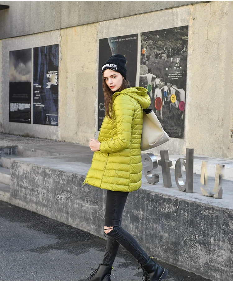 Plus Size Ultra-light Thin Down Jacket Women Long Autumn Winter Slim Hooded Warm White Duck Down Coat Women Packable Outerwear