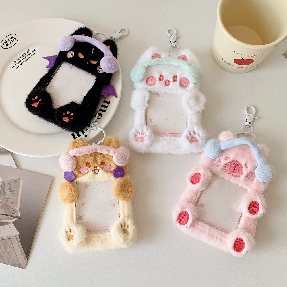 3 Inch Cute Mini Cartoon Plush Kpop Photocard Holder with Keychain Photo Sleeve ID Bank Credit Card Holder Protector Stationery