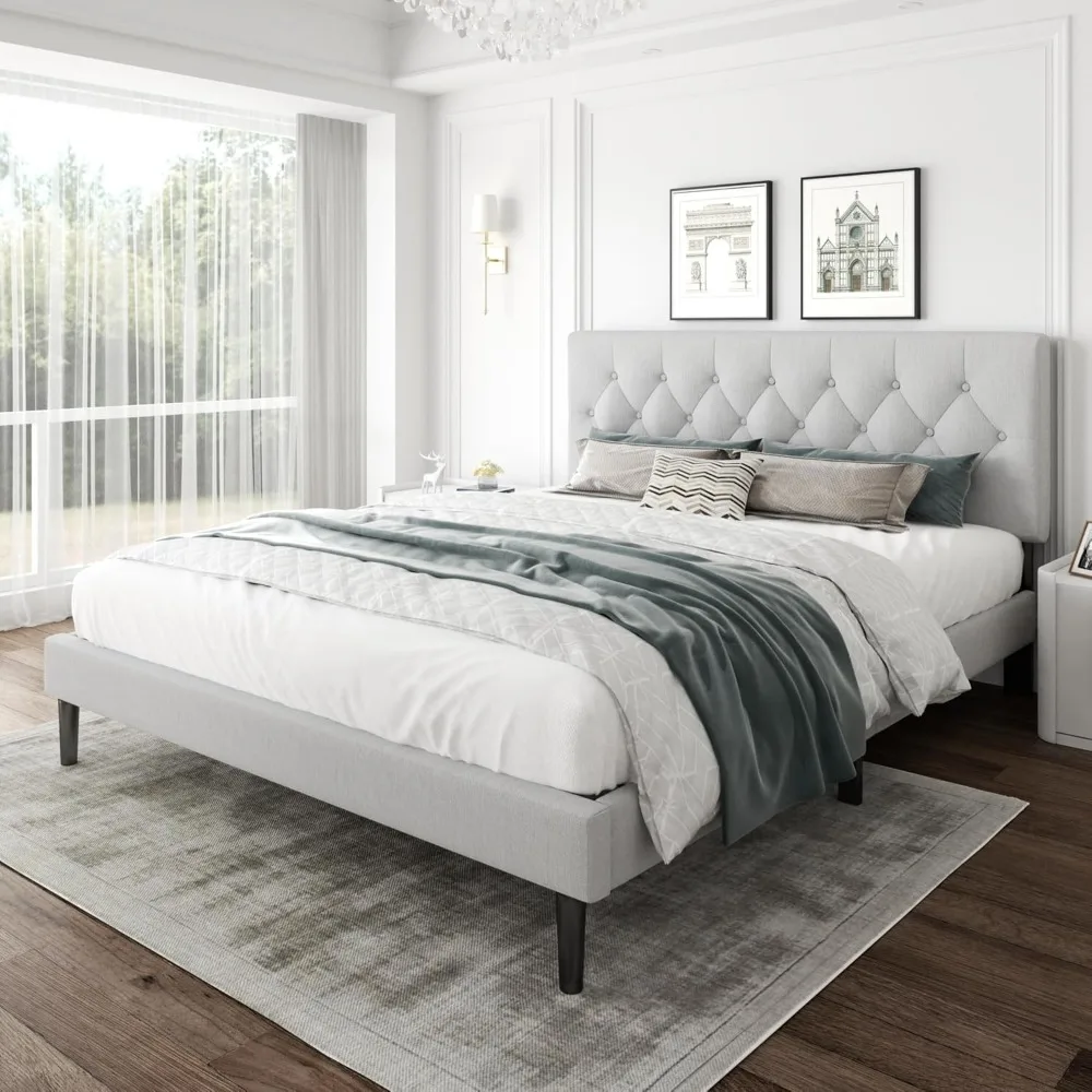King Size Platform Bed Frame with Upholstered Headboard, Button Tufted Design, Strong Wooden Slats, No Box Spring Needed, Easy A