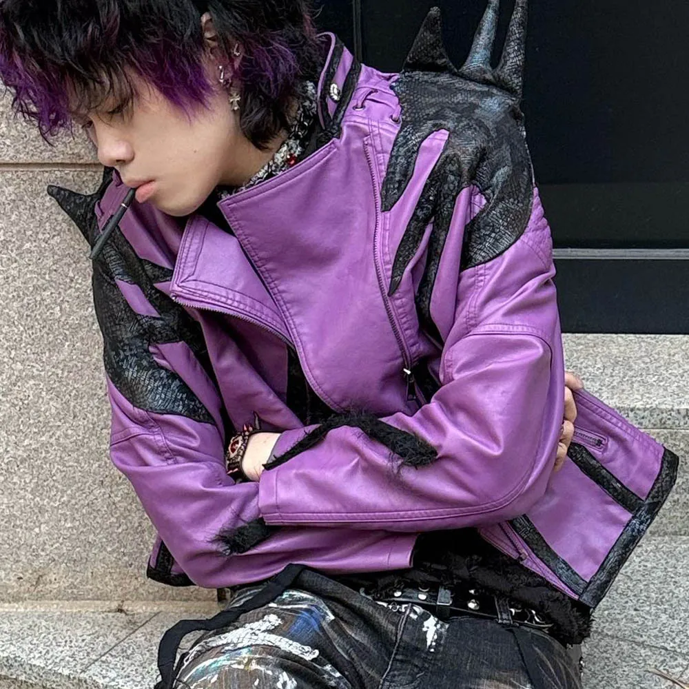 2026 Autumn/Winter Japanese Edition Kill code special Rock style Motorcycle purple leather patchwork men's leather jac