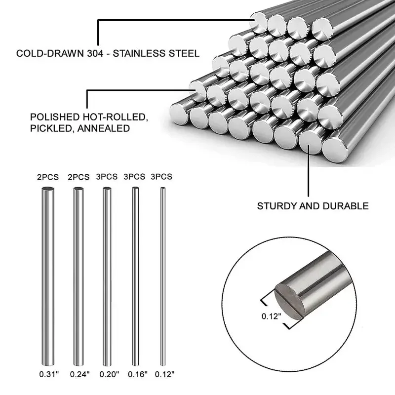 Barra redonda sólida de aço inoxidável, barra de torno, estoque sortido para ferramenta de artesanato diy, diâmetro 2mm 2.5mm 3mm 5mm 6mm 8mm 10mm14mm, 10/25 peças