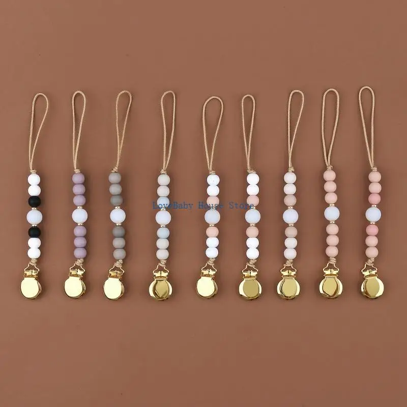 

BX0D Baby Pacifier Clips Silicone Beads Wooden Ring Pacifier Chain Infant Nipple