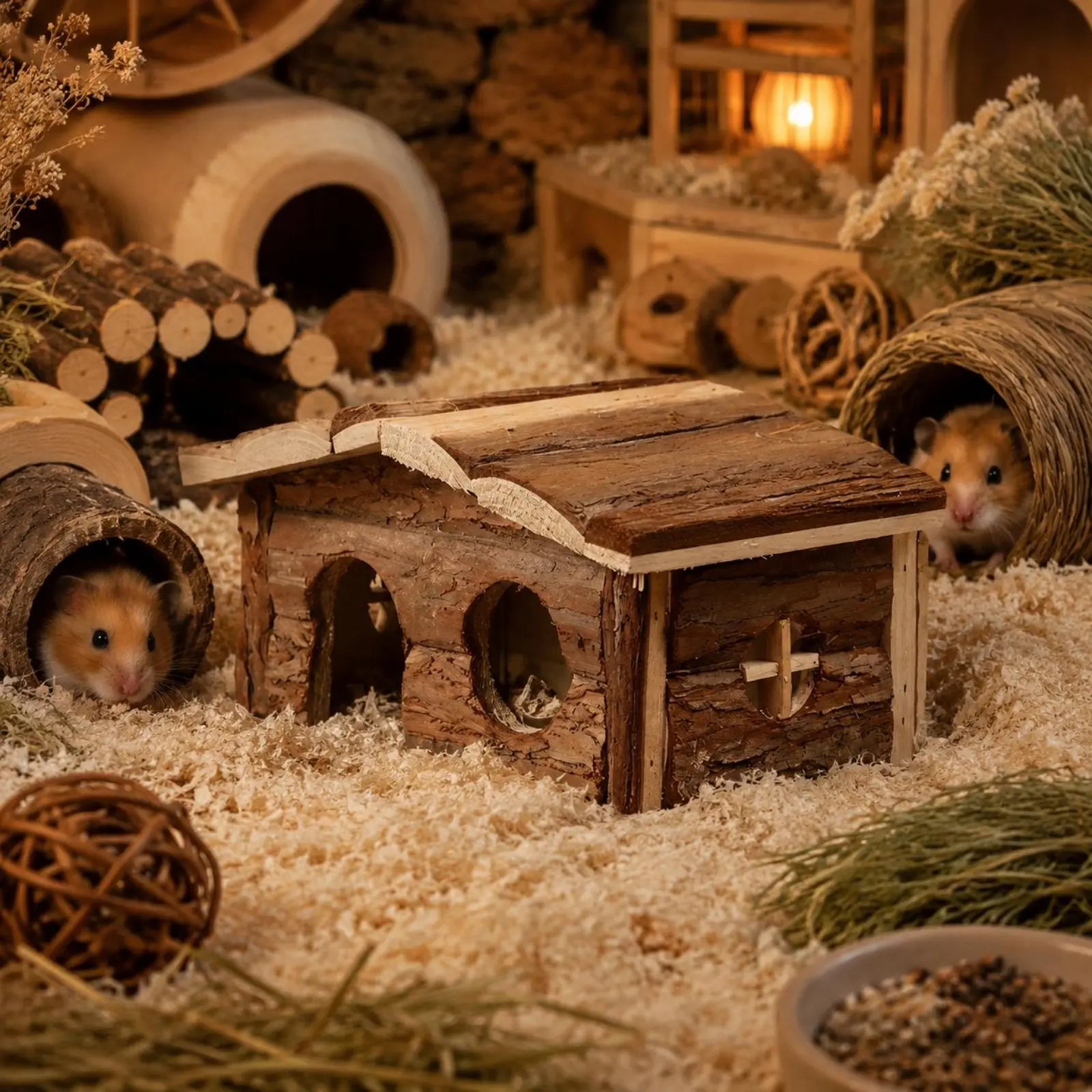 

Bark Wood Hamster House Breathable Design Slanted Roof Hamster Hut Pet Shelter Easy Grip Entry for Dwarf Hamsters