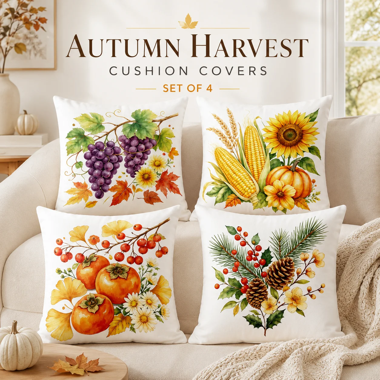 

4Pcs Aesthetic Fall Harvest Pillowcase Peach Skin 2D Flat Printed Pumpkin Cushion Covers Coussin Room Decor Gift Idea