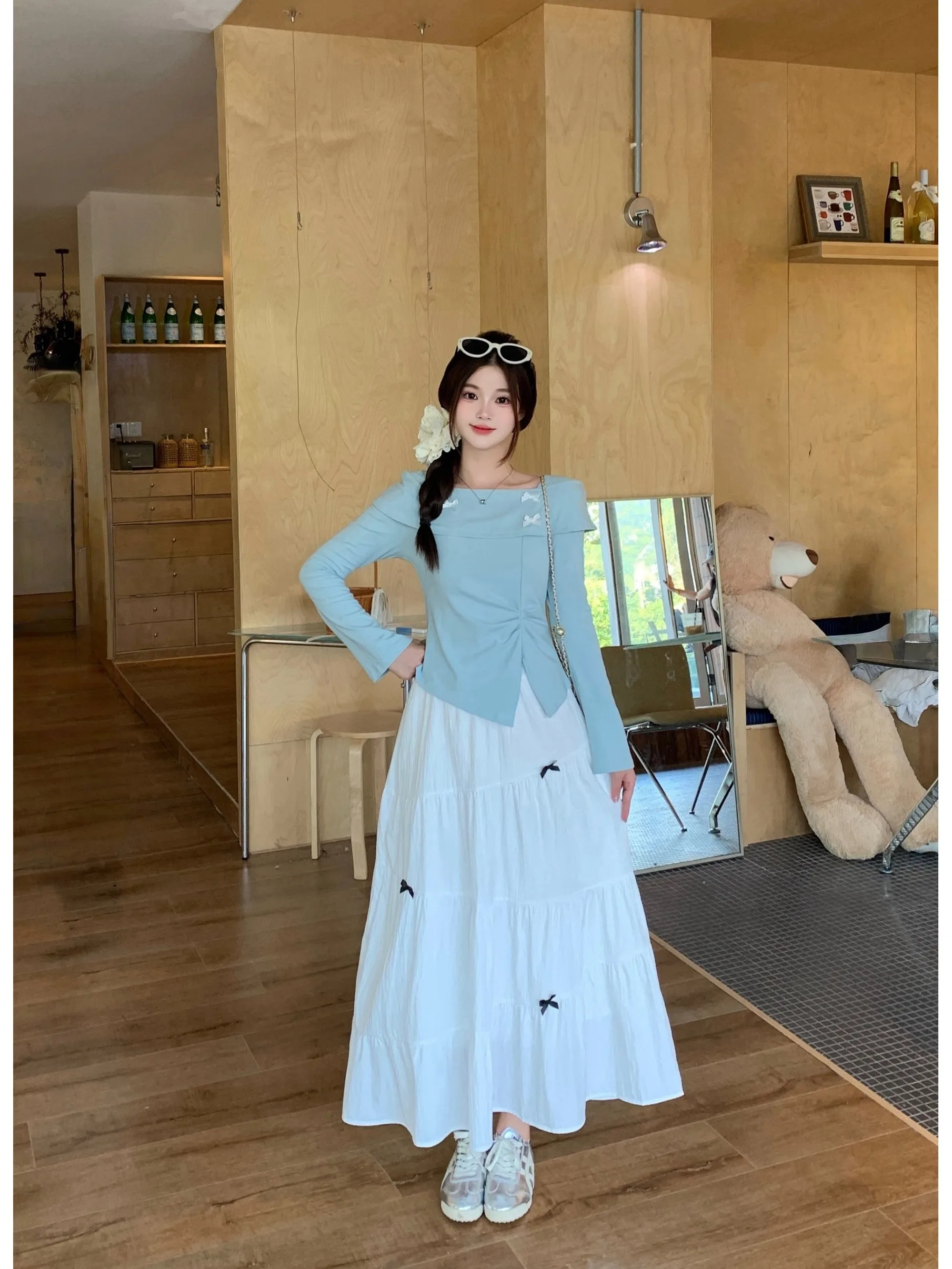 

Anti-Aging plus Size Set Early Spring New Knot One Shoulder Long Sleeve Top High Waist Midi Skirt Fashionable Women...