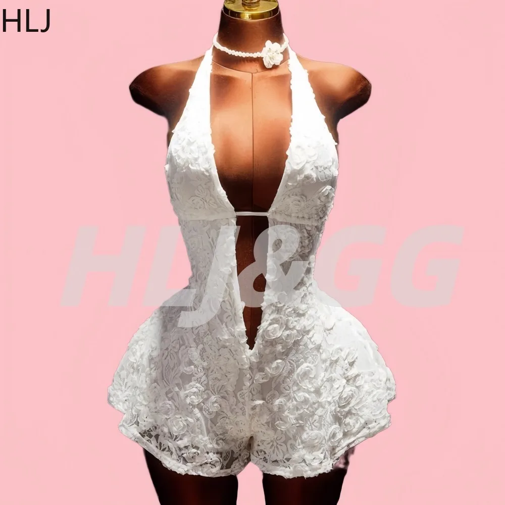 HLJ Elegant White Lace Halter Neck Romper Women Sleeveless Deep V Neck Cutout Waist Puffy Bodycon Party Clubwear Playsuit New