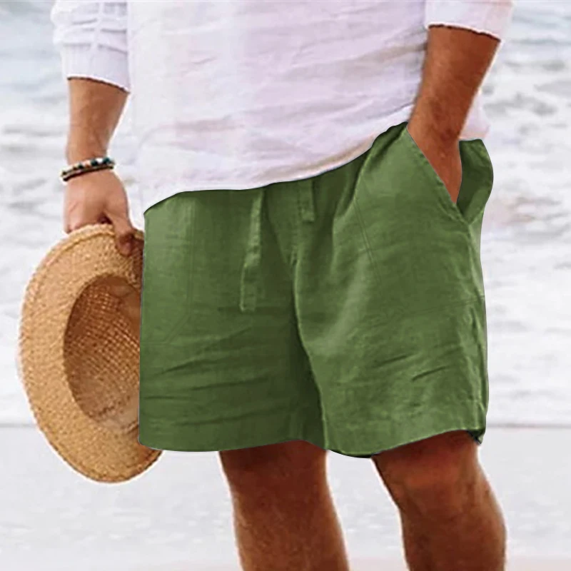 Men\'s summer cotton and linen shorts with drawstring elastic waist, straight legs, solid color, breathable daily beach capris