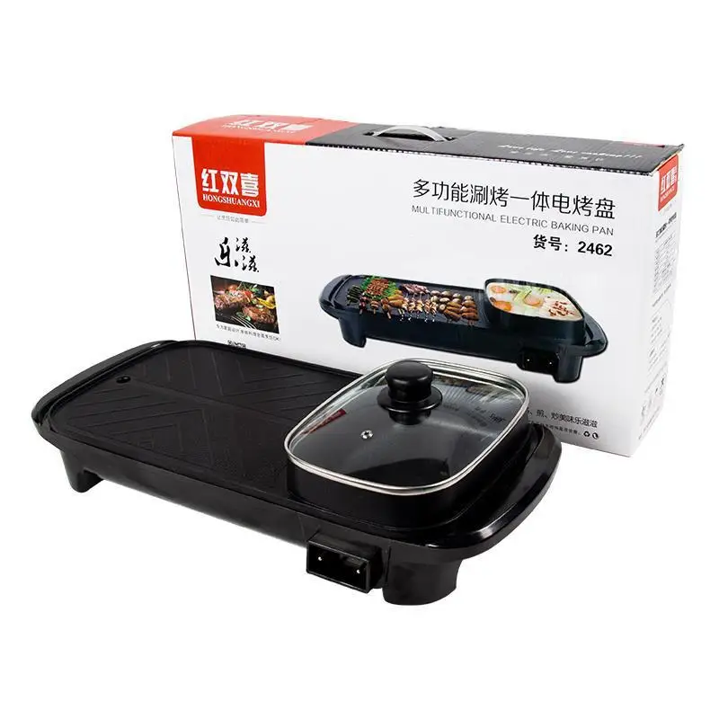 Panci Panas Listrik Multifungsi Shabu-sabu-bake Panci All-In-One Oven Listrik Rumah Tangga Memanggang Listrik Antilengket Bergaya Korea