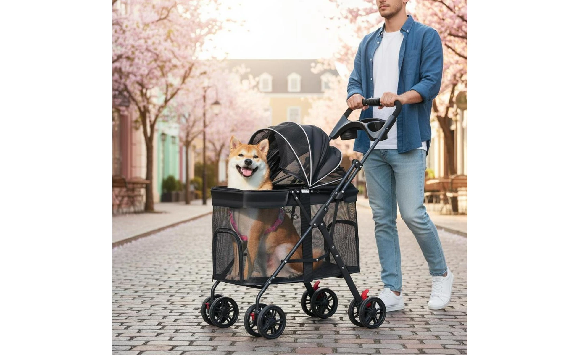 Multi-Purpose Pet Stroller Easy Fold Folding Pet Stroller Sturdy Frame Mesh Ventilation for Walks