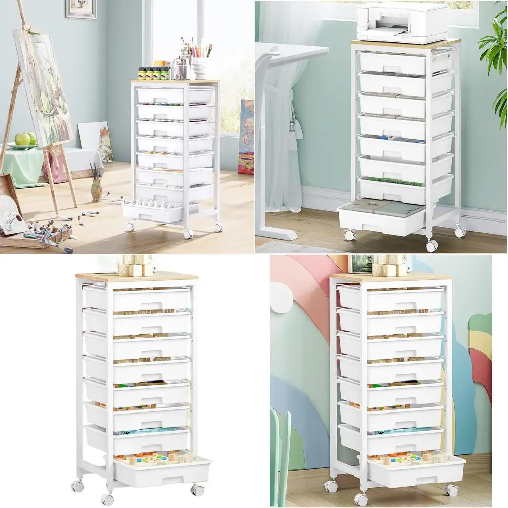 

8-Drawer White Rolling Storage Cart with Wooden Work Surface