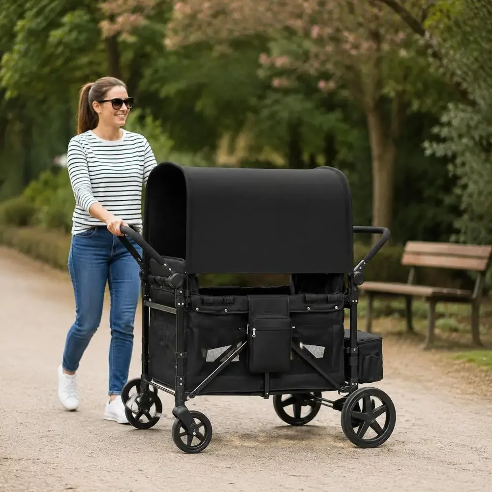 Passeggino a 4 posti, Passeggino Pieghevole con Manico Regolabile, Imbracatura di Sicurezza a 5 Punti e Tettuccio Rimovibile, Carrello da Campeggio, Nero (Capacità di Carico 150 Kg)