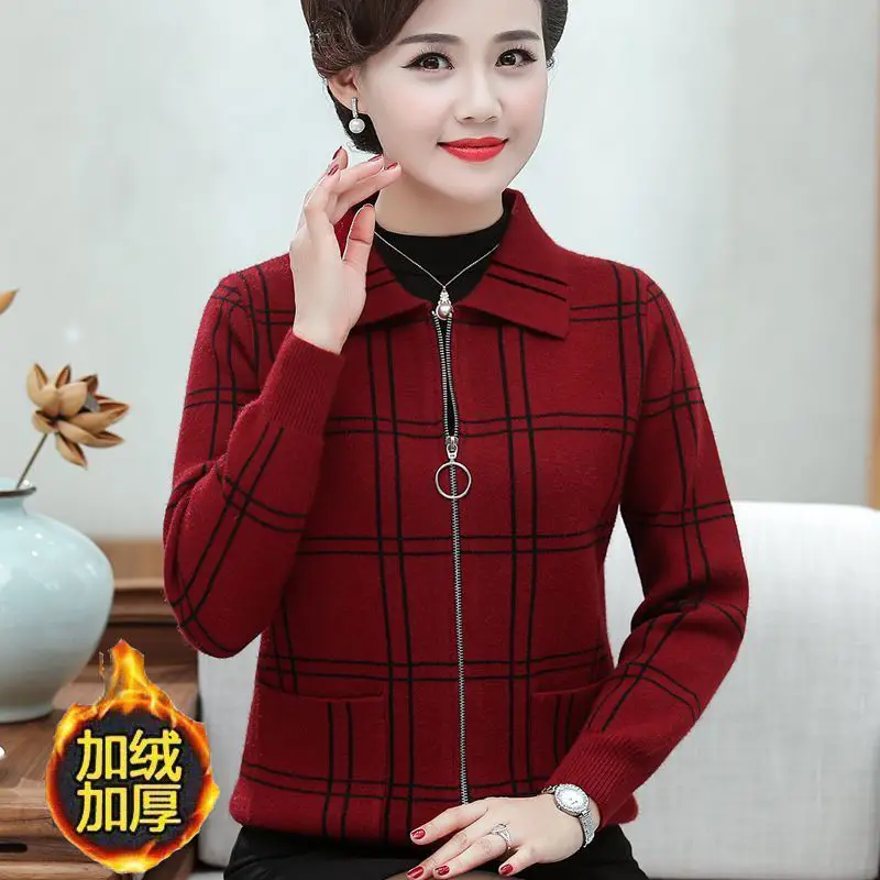 Autumn Winter Turn-down Collar Long Sleeve Fashion Sweater Women High Street Casual Loose Zipper Patchwork Cardigan Plaid Tops