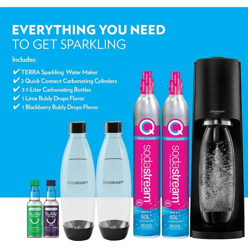 SodaStream-Aqua Sparkling Water Maker Bundle, preto com CO2, Garrafas DWS, Bubly Drops Sabores