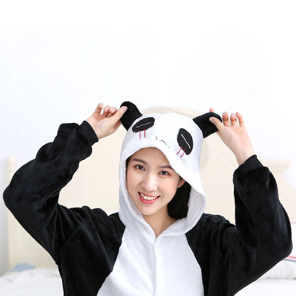 Black and White Panda Flannel Hooded One-piece pajamas Lovely Button Onesie Couple Sleepwear Favorable Comfortable Leisure wear