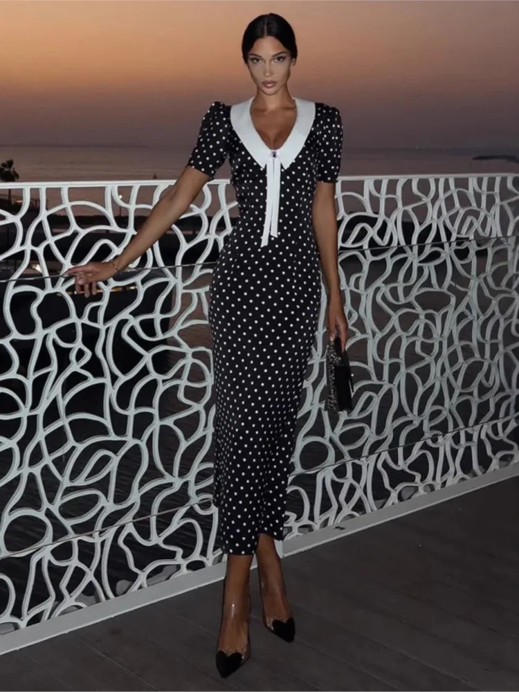 

Summer Dresses For Woman Elegant Retro Casual Evening Dress V-neck With Polka Dots Simple Style Vestidos Short Sleeves All-match