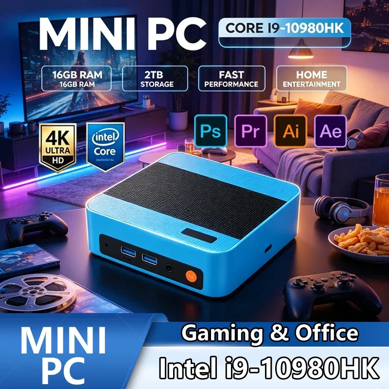 Sky Blue Intel Core I9‑10980HK Mini PC, Win11 Pro 16GB 2TB SSD WiFi6 BT5.2 4K UHD Workstation for Home Office Gaming & Streaming