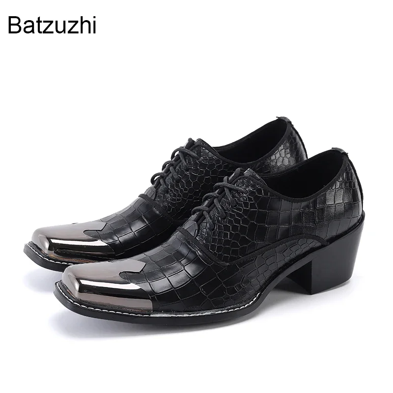 

Batzuzhi Leather Dress Men Shoes 6.5cm High Heels Fashion Men's Shoes Lace-up Square Toe Business, Party and Wedding Shoes Male