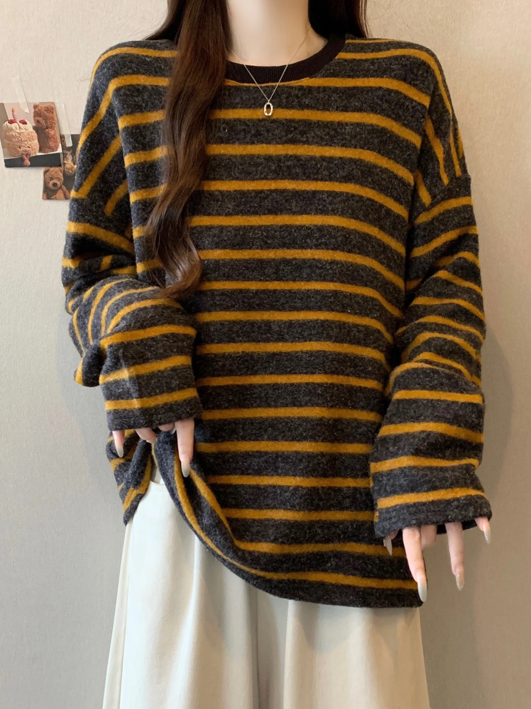 Retro Striped Knitted Base Shirt Sweater Women Spring Autumn plus Size Conceal Belly Loose Fitting Korean Style Top