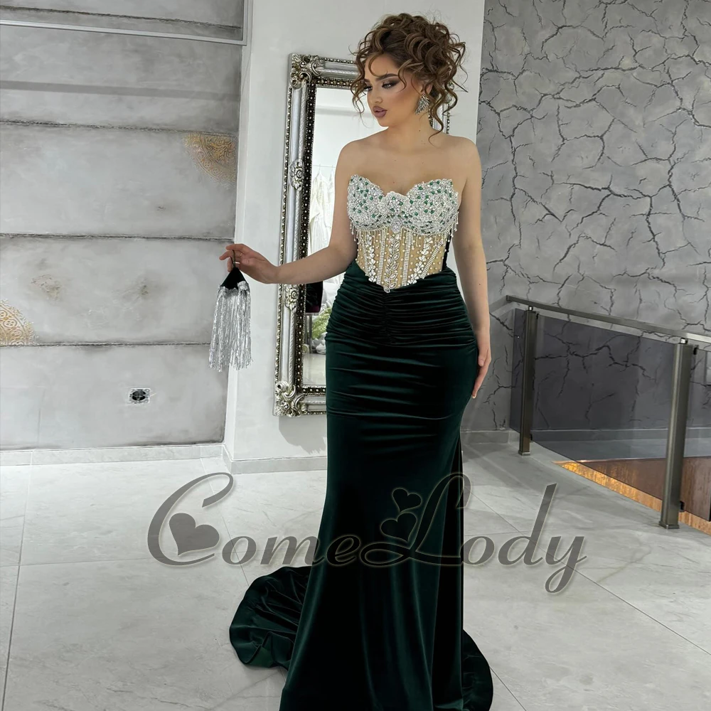 

Comelody Classic Mermaid Prom Dresses for Women Velvet Strapless Rhinestones Chapel Train Vestido De Fiesta Made of Order