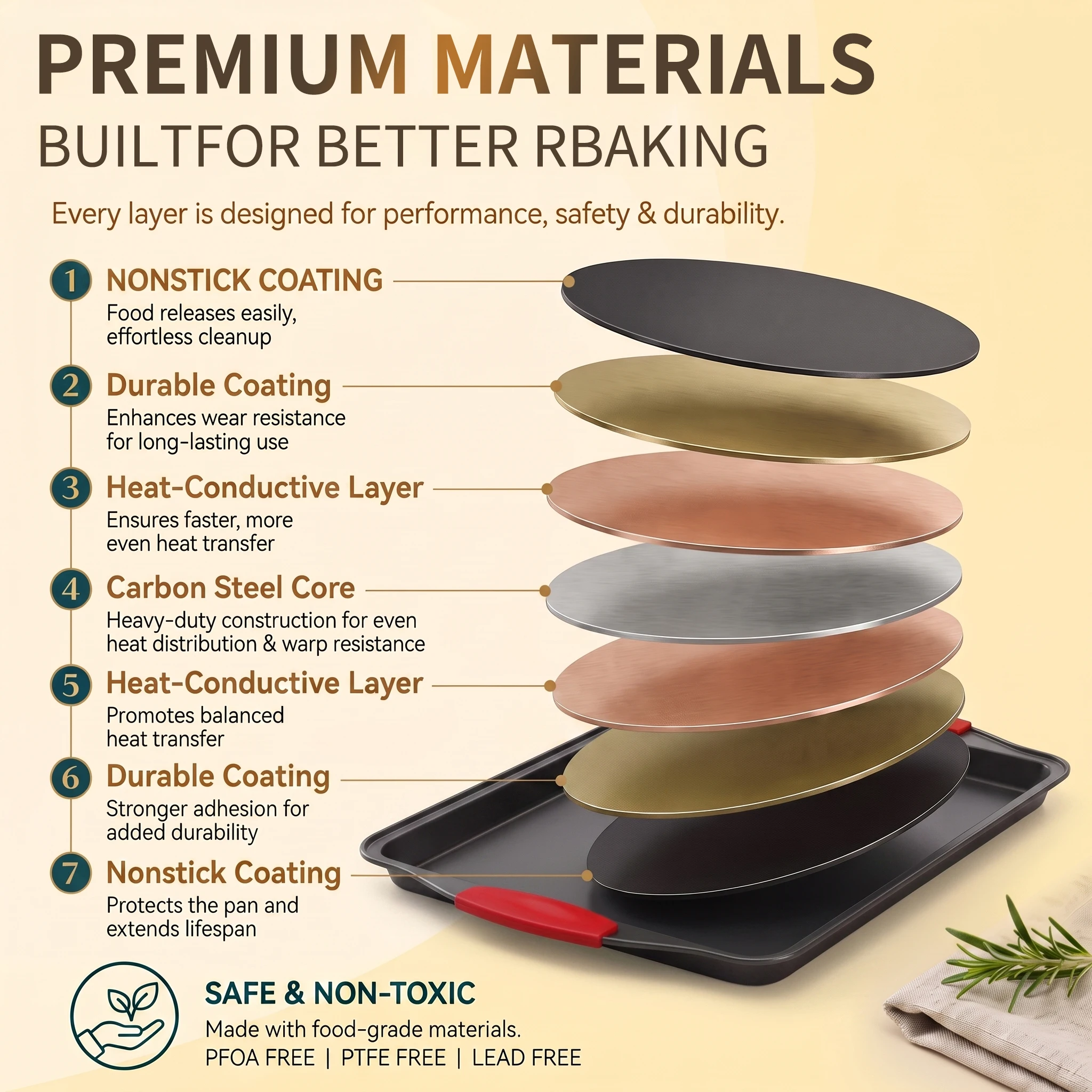 3pcs Carbon Steel NonStick Baking Pan Set. Luxury Stylish Design with Red Silicone Handles. Premium Nonstick Steel Bakeware, Restaurantgrade Rimmed Baking Sheets. Easytoclean Trays, Ideal for Cookies, Pizza, Cakes & Home Kitchen Baking. - view 6