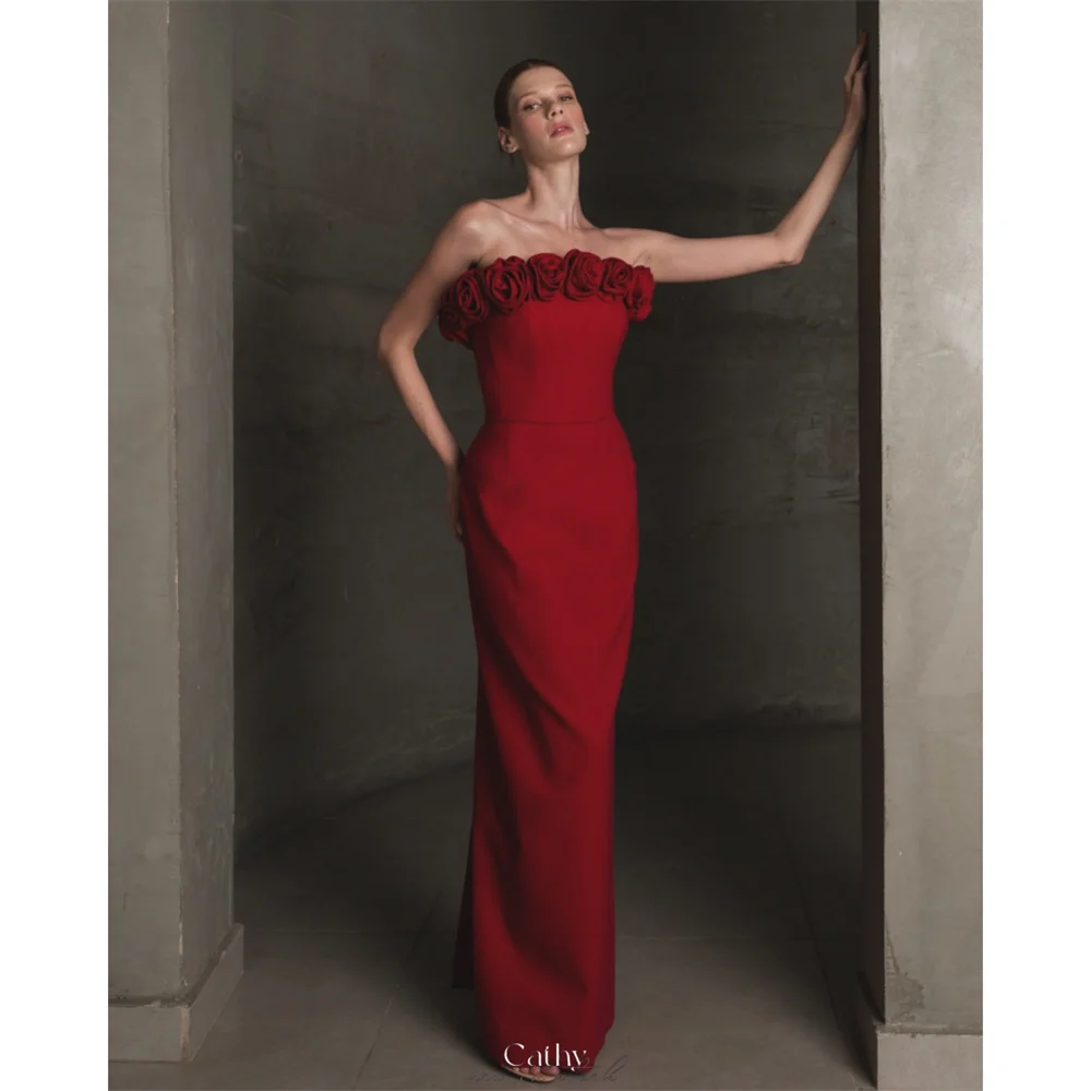 

Cathy Customized Burgundy Strapless 3D Flower Prom Dress Sheath Sleeveless vestidos de noiva Elegant Floor-Length Formal Evening