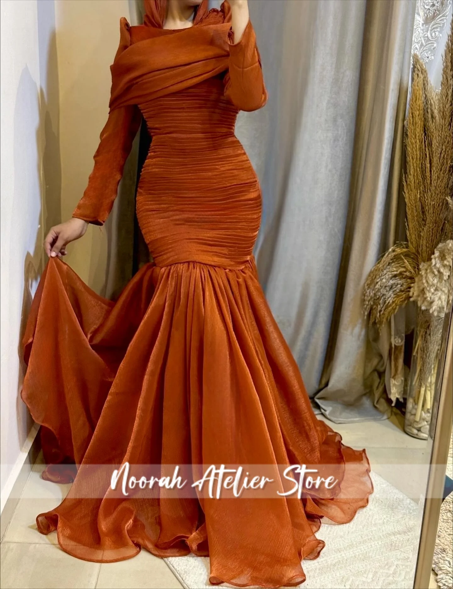 New Elegant Blue High-Neck Evening Dresses Long Sleeves Prom Mermaid Muslim Formal Gown For Woman robe de bal Dubai Customized