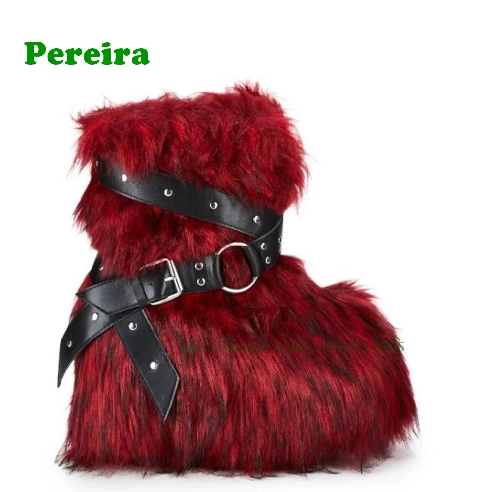 Red Animal Fur Belt Buckle Mid-Calf Boots Platform Round Toe Plush Warm Winter Women\'s Boots Slip On Rivet Runway Shoes Sexy