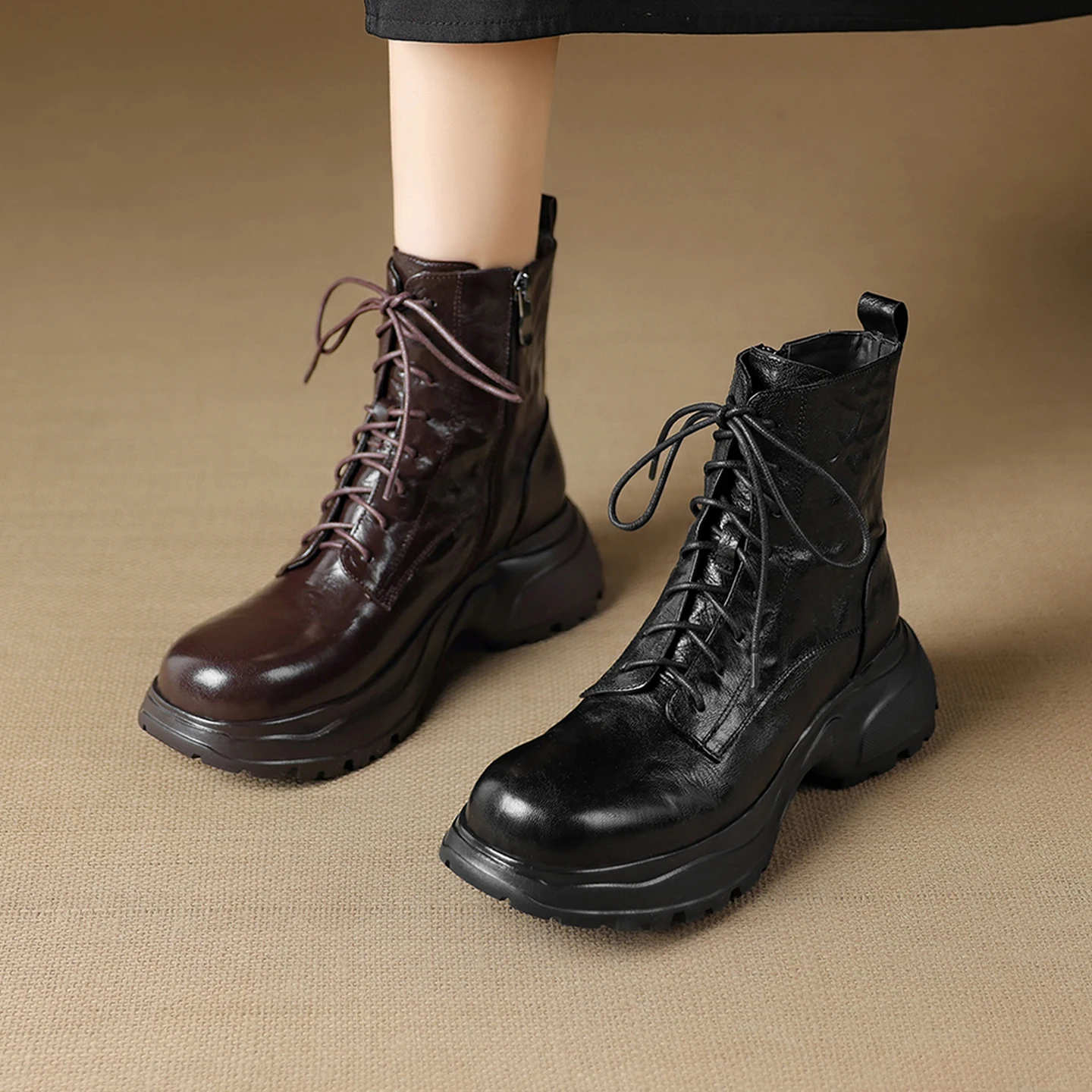 2026 new autumn winter women ankle boots natural leather plus size 22-25cm sheepskin round toe thick heel side zip short boots