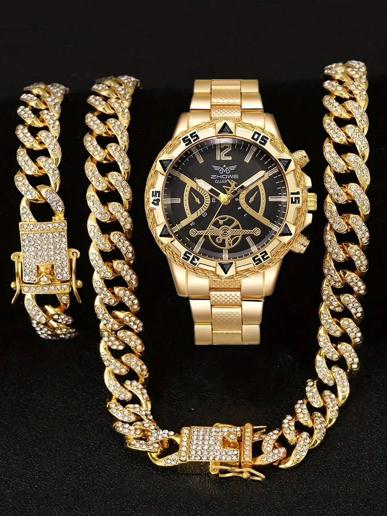 

Мужской комплект из 3 предметов: часы золотистого цвета, цепочка-ожерелье и браслет с кристаллами