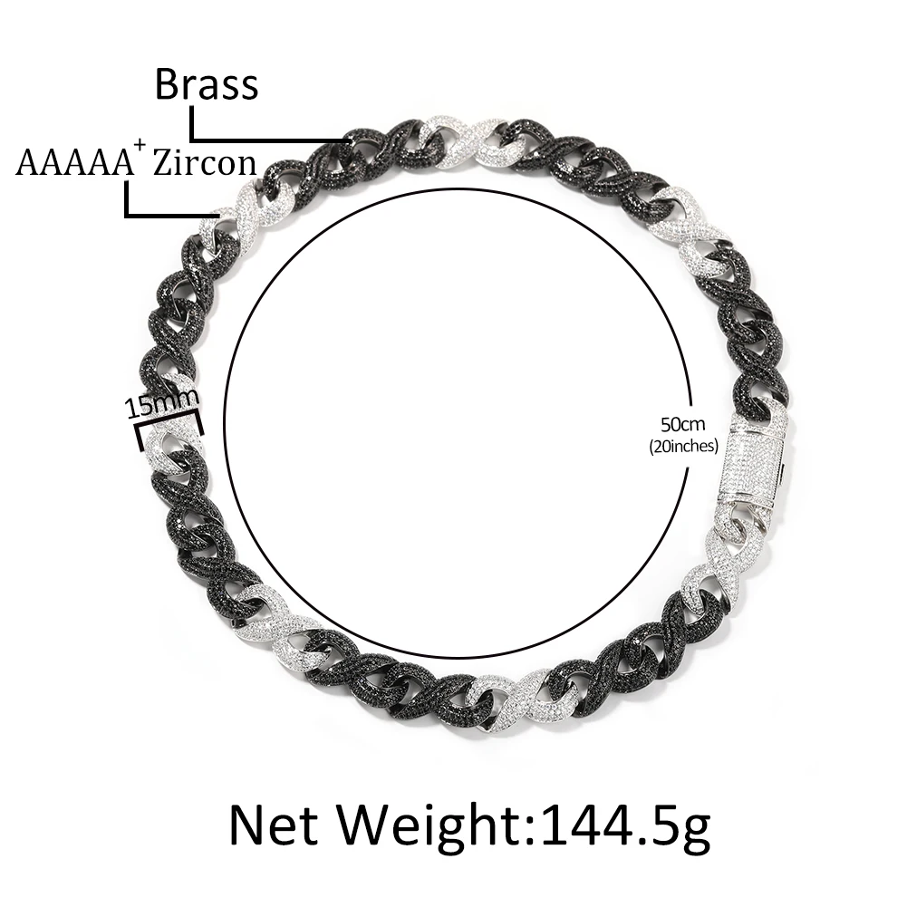 UWIN 15mm Black Silver Infinity Cuban Link Chain Necklaces for Men Iced Cubic Zircon Necklaces Hip Hop Jewelry for Father's Day