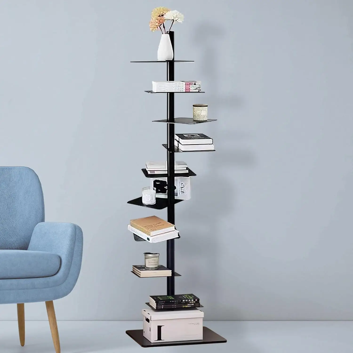 9 Tier Metal Spine Bookshelf Tower, Adjustable Vertical Spine Book Tower Floor,Tall Open Shelf 360 Display Storage Organizer