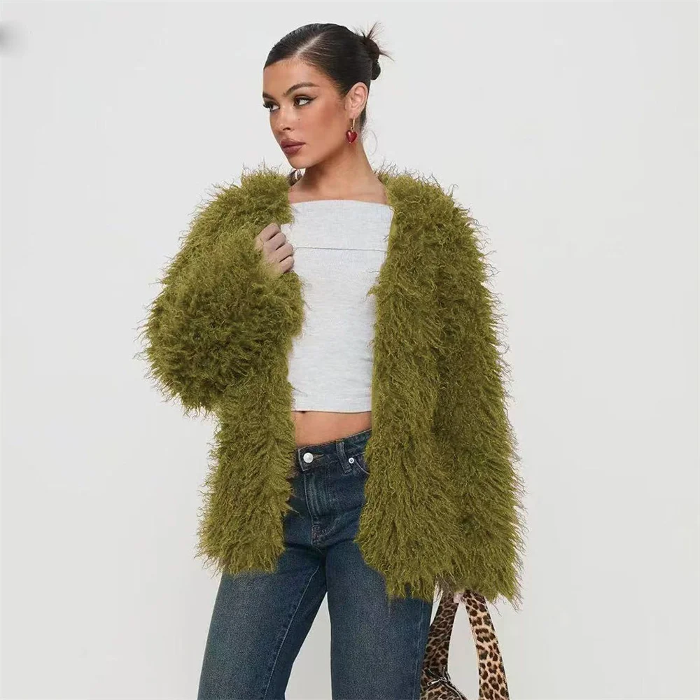 Abrigo de invierno para mujer, abrigos de piel de lana de imitación, cálidos, mangas largas, botones ocultos, prendas de vestir exteriores, chaqueta de lana mongol de piel sintética para mujer