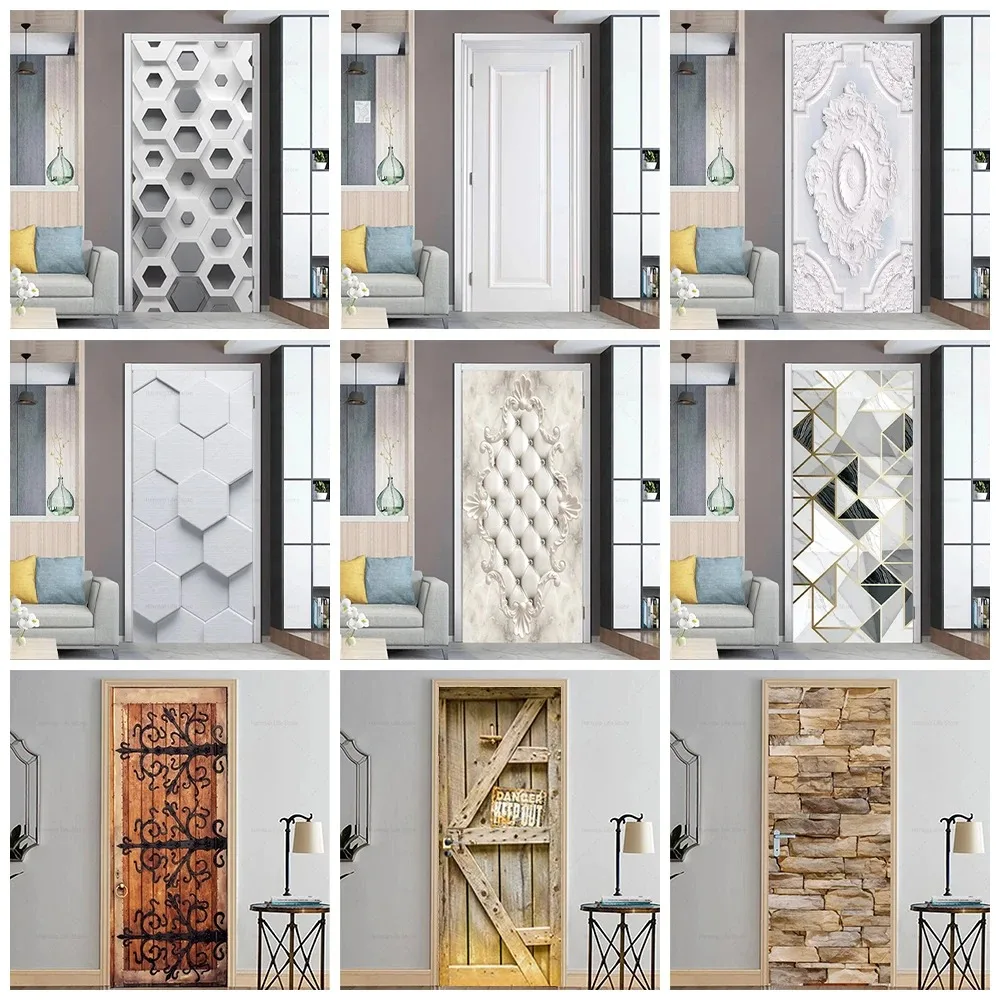 

Fashion White Gray Door Design Decoration Wallpaper Removable White Line Abstract Geometric Door Art Sticker