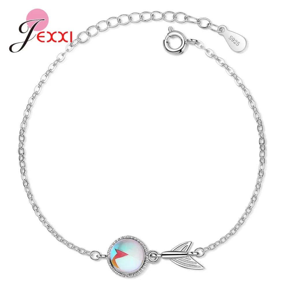 Fashion Vintage 925 Sterling Silver Gradient Colorful Moonstone Beads Fish Tail Charm Bracelets For Women Fine Jewelry Gift