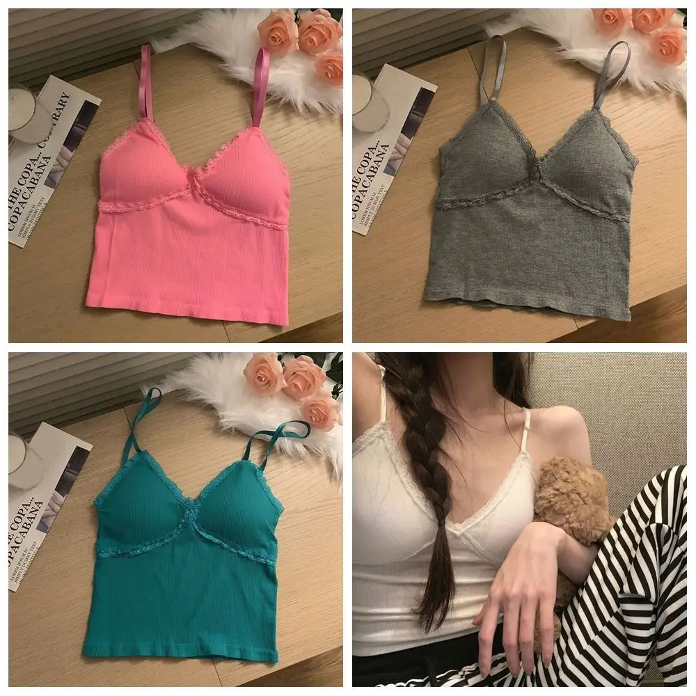 High Quality Cotton Lace Camisole Solid Color Lace Trim Push Up Bra Breathable Underwear with Chest Pad