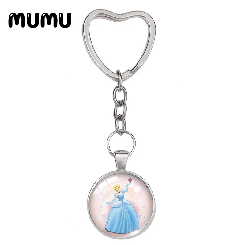 2024 New Cinderella Heart Keyring Princess Keychain Glass Dome Cabochon Jewelry Gifts Children