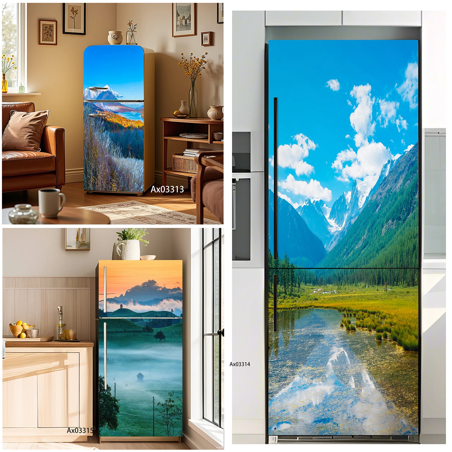 Green Alpine Valley Fridge Decals Art Wrap Stickers Waterproof Aesthetic Vinyl Sticker for Kitchen Refrigerator Decoration