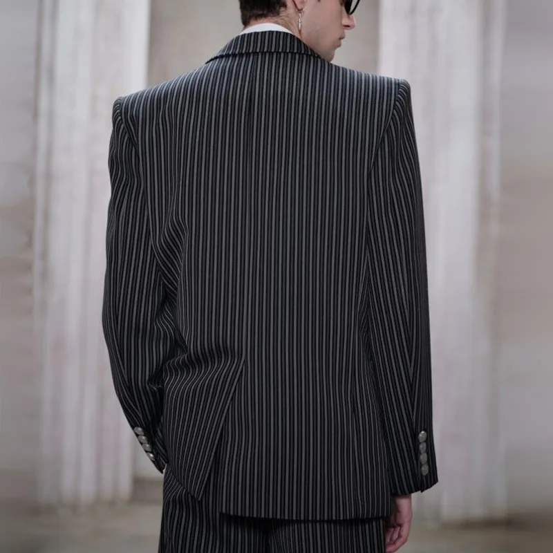 WVGA Spring Autumn New Men Tide Striped Trendy Double-Breasted Badge Turn-Down Collar Suit Coats Niche Chic Casual Blazer W19045