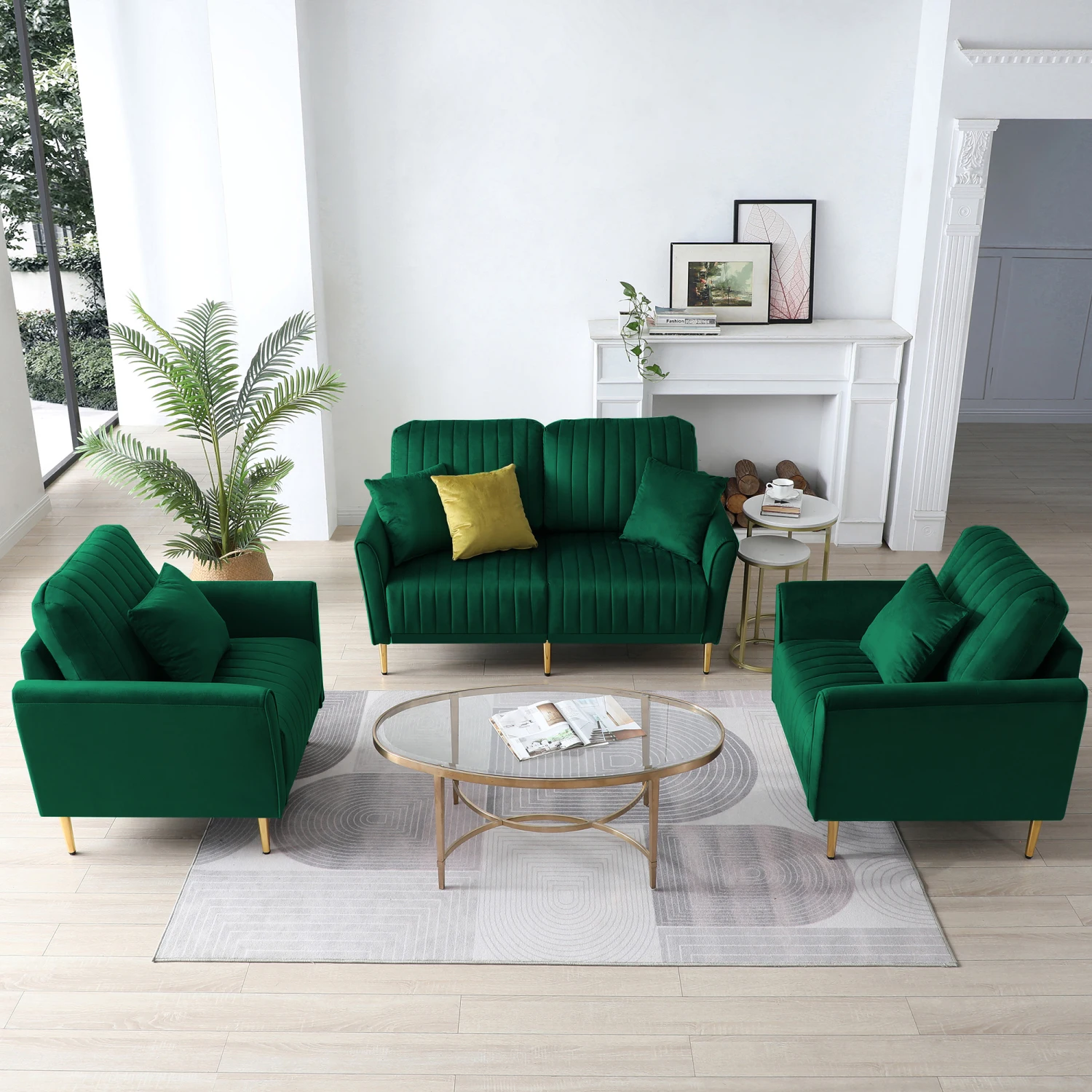 Green Velvet Sectional Sofa Set - Tufted Couch with Metal Legs (3-Piece)