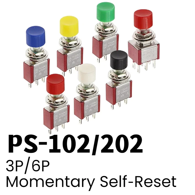 PS‑102 PS‑202 Momentary Push Button Switch Self‑Reset 3Pin 6Pin Round Toggle Switch With Cap Multi‑Color