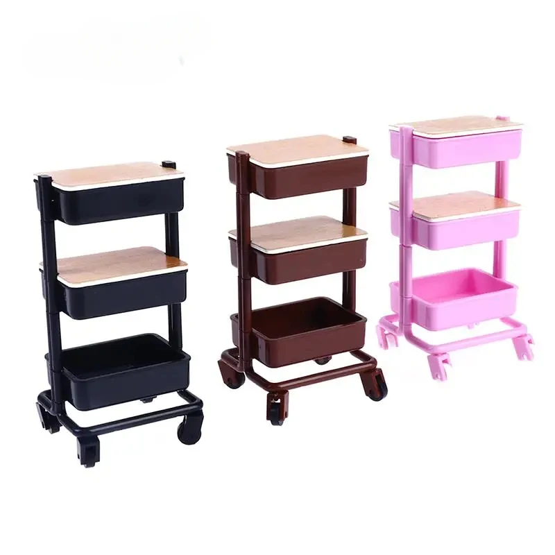 1:12 Dollhouse Miniature Three Layers Trolley Dining Cart with Wheels Storage Display Shelf Bookshelf Furniture Model Decor Toy