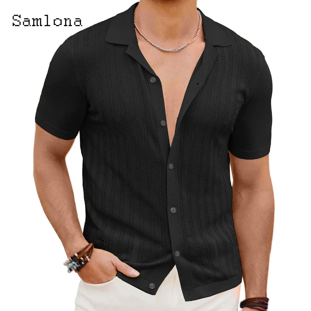 2024 America and Europe New Knitting Blouse Sexy Hollow Out Shirt Camisa Mens Casual Beach Top Cardigans Lepal Collar Knitwear