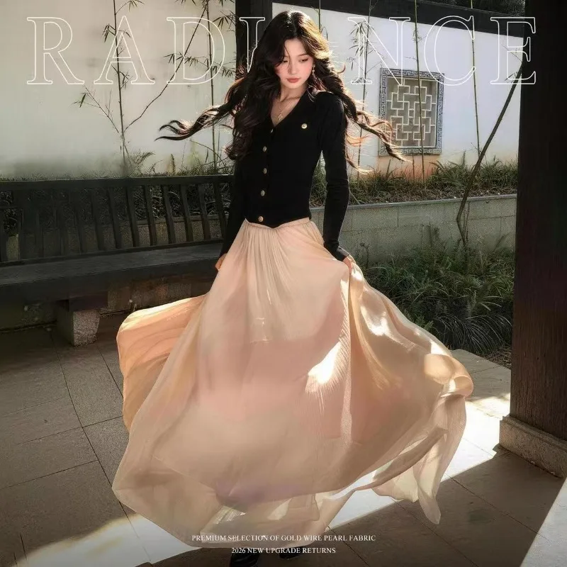 

Female Fashion Island Satin Maxi Skirt Summer Women High Waist Sparkling Half Length Skirt Ladies Solid Color A-line Long Skirt